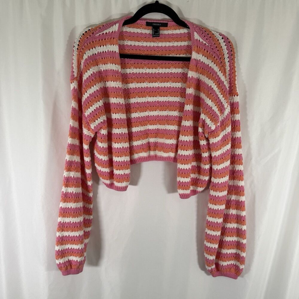 Forever 21 Cardigan Women's Medium Pink Orange Striped Knit Button Front Vneck